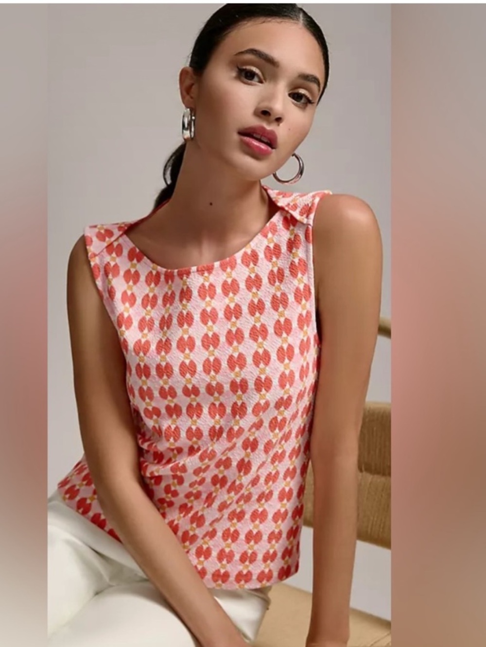 Maeve Coral & White Sleeveless Patterned Shell Top